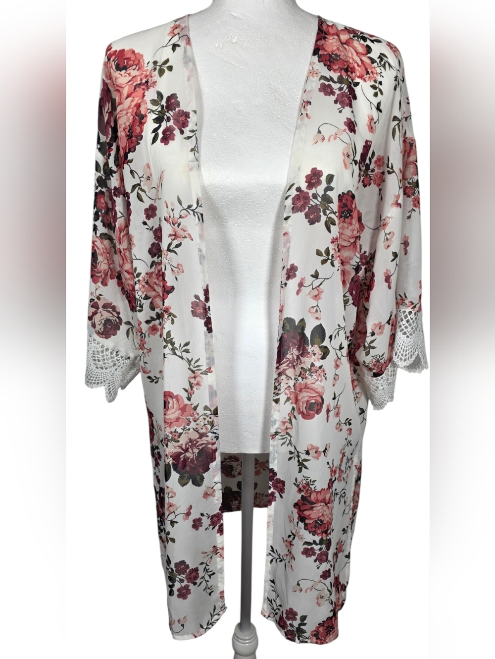 Wallflower Floral Kimono‎ Cardigan | Boho Sheer Lace Trim Cover-Up Size M